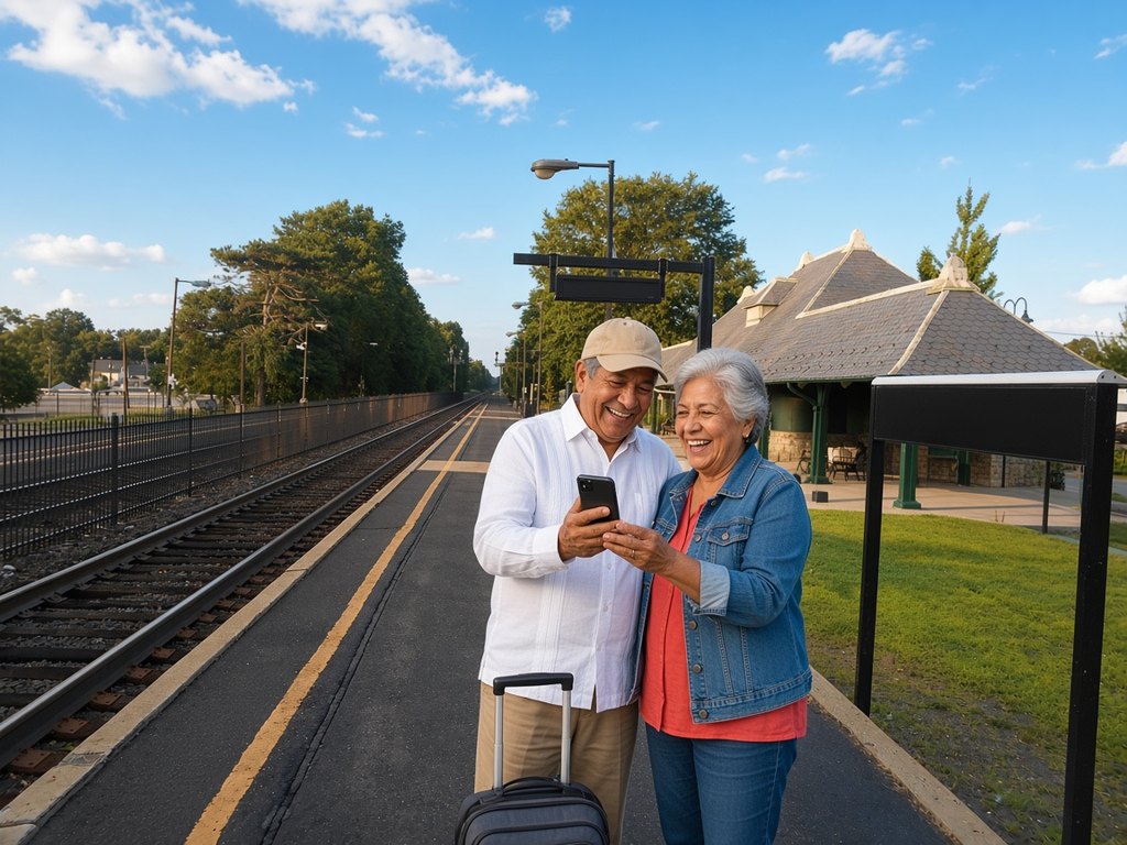 A smiling older man in a white guayabera and tan cap and a laughing older woman in a coral blouse and denim jacket look at a phone beside a rolling suitcase on the sunny Netherwood train station platform in Plainfield