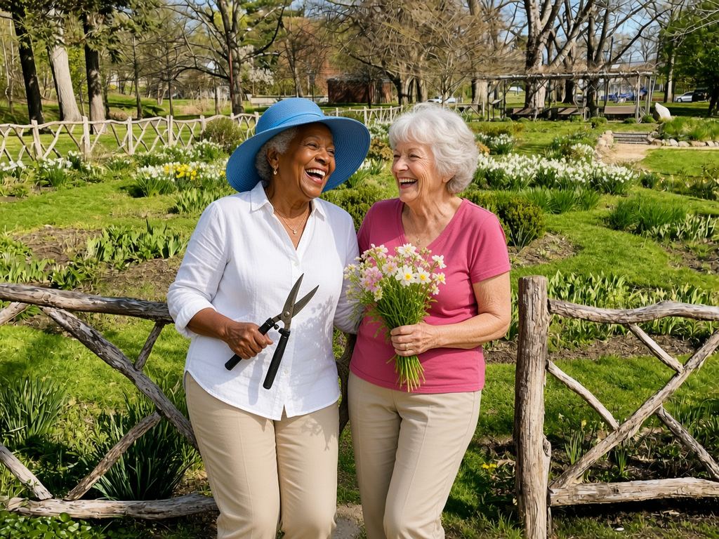 Two laughing older women, one in a sky blue sun hat and white blouse holding garden shears and one in a rose pink t-shirt holding flowers, lean on the rustic cedar fence of the Shakespeare Garden in Cedar Brook Park, Plainfield