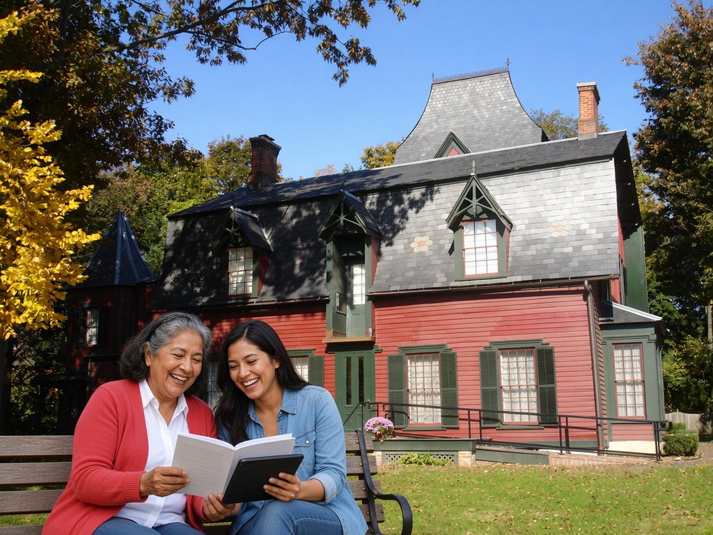 A laughing grandmother in a coral red cardigan and her daughter in a denim shirt read a booklet on a bench in front of the red Drake House Museum in Plainfield on a sunny day
